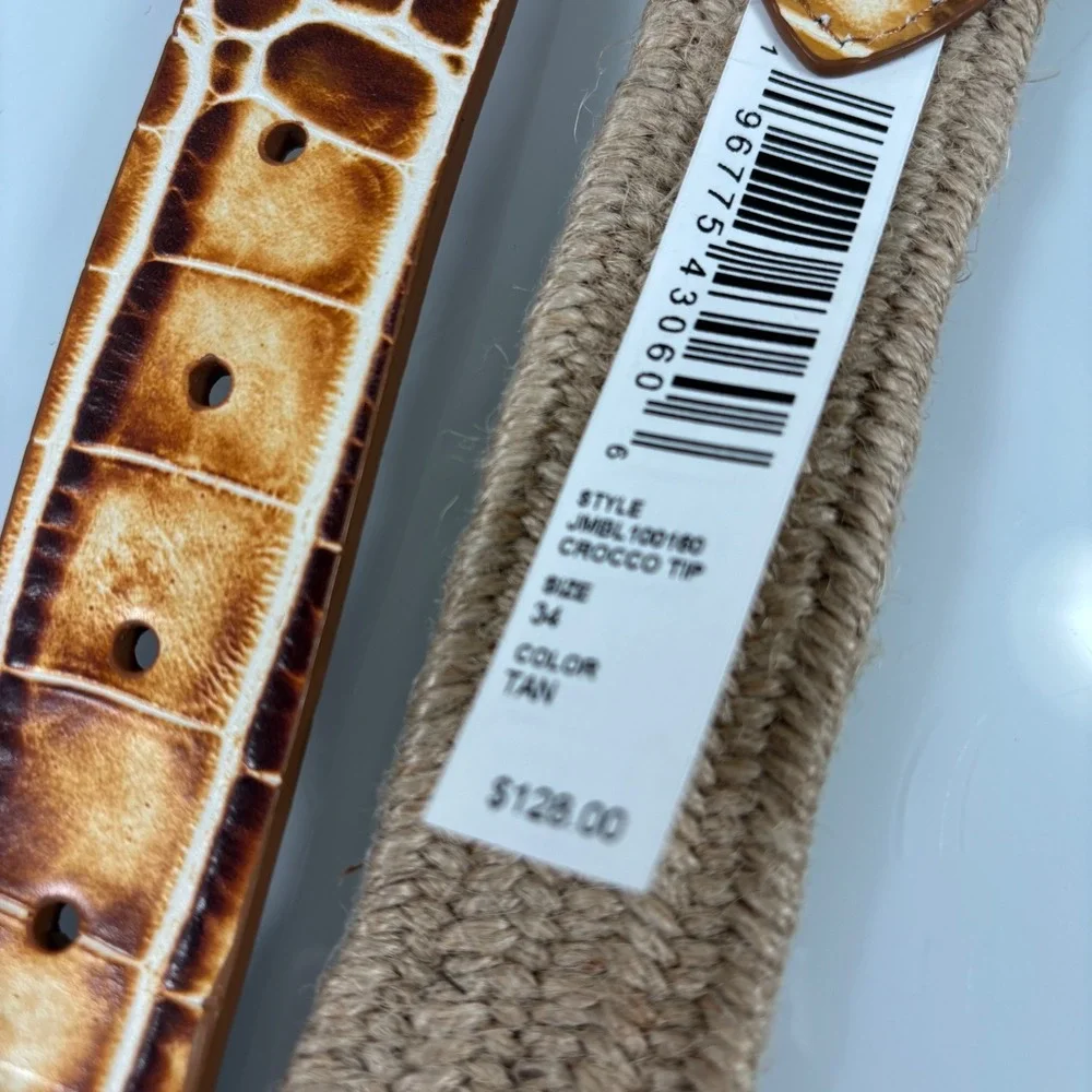 johnnie-O Mens 34 Tan Belt New Crocco Tip Woven Braided Leather JMBL100160